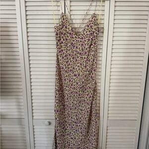 Floral Slip Dress in Cream with Purple Print